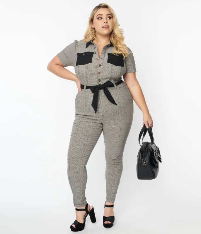 Unique Vintage Plus Size 1970s Black & Ivory Plaid Skinny Leg Bexley Jumpsuit made by Unique Vintage