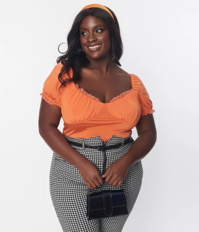 Plus Size Tangerine Lace Trim Puff Sleeve Blouse sold by Unique Vintage