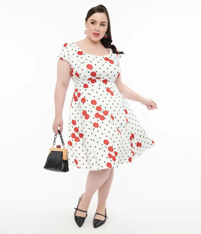 Dolly & Dotty 1950s White Polka Dot Cherry Swing Dress sold by Unique Vintage