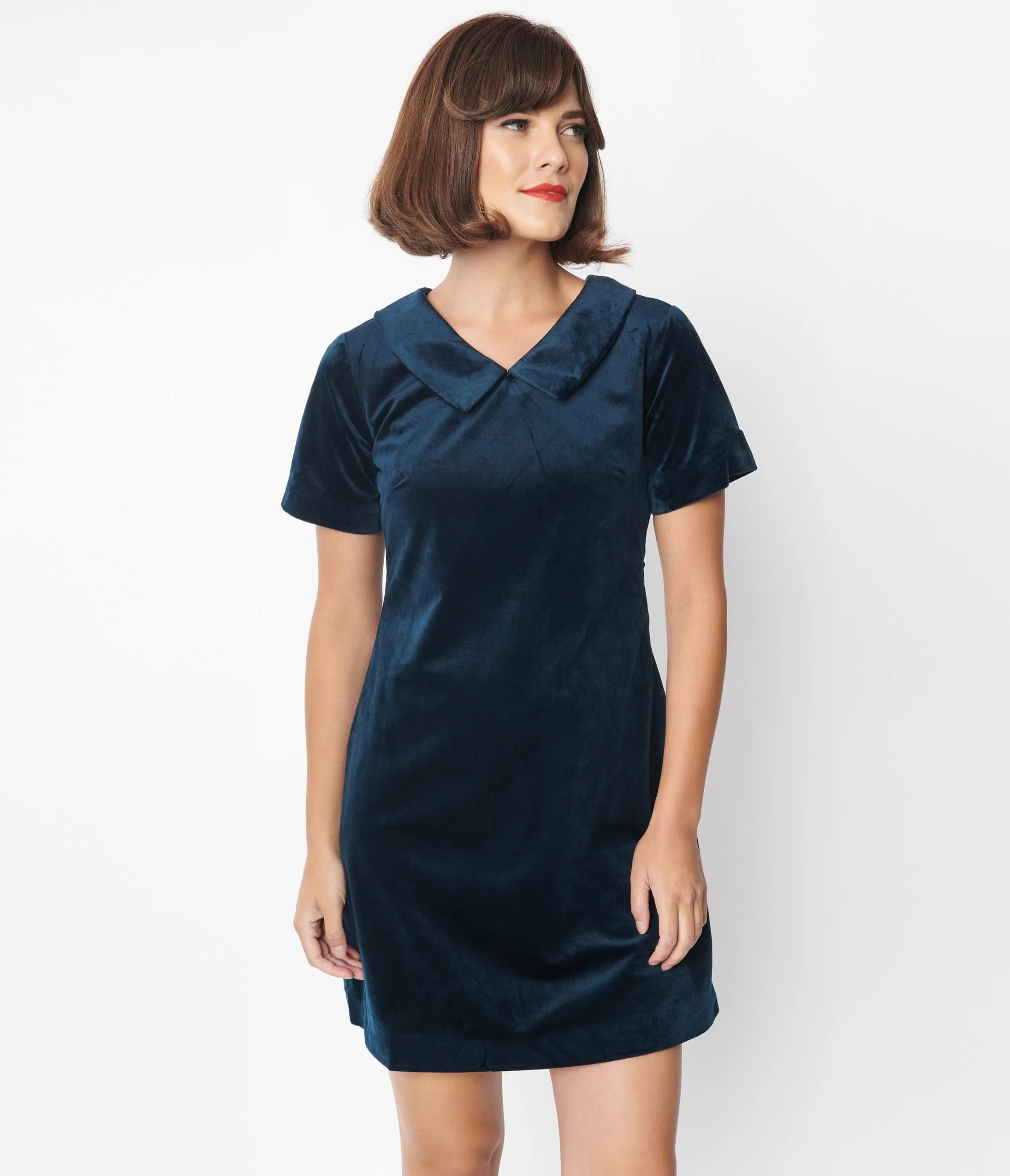 Navy Velvet Collared Shift Dress sold by Unique Vintage