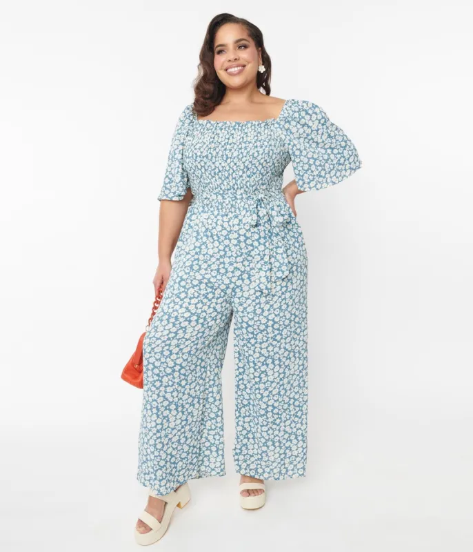 Teal Floral Palazzo Jumpsuit sold by Unique Vintage