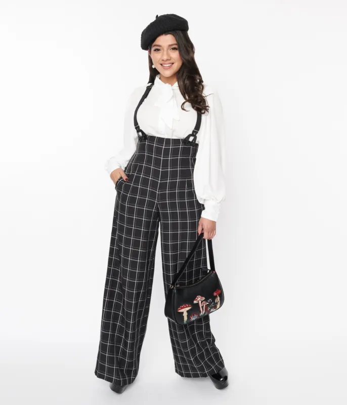 Unique Vintage 1930s Black Windowpane Plaid High Waist Suspender Trouser sold by Unique Vintage