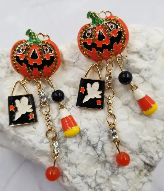 Halloween Pumpkin Ghost Crystal Drop Earrings sold by Unique Vintage