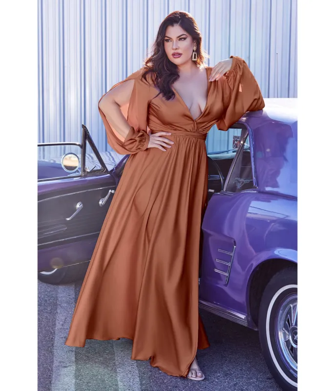 Cinderella Divine Plus Size Sienna Satin Blouson Sleeve Evening Gown sold by Unique Vintage