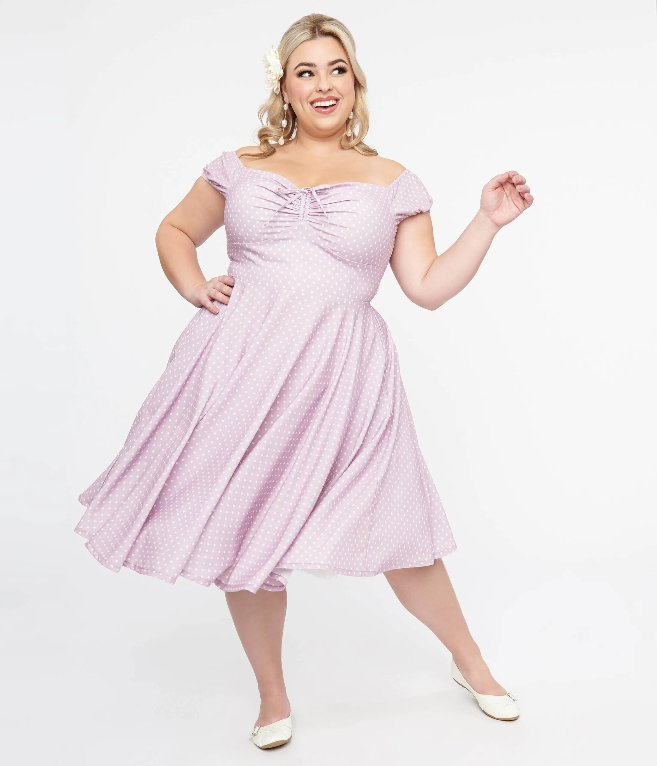 Plus Size 1950s Lavender & White Heart Print Victoria Swing Dress sold by Unique Vintage