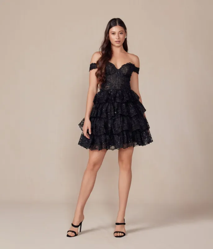 Black Embroidered Sequin Off The Shoulder A-Line Prom Dress sold by Unique Vintage
