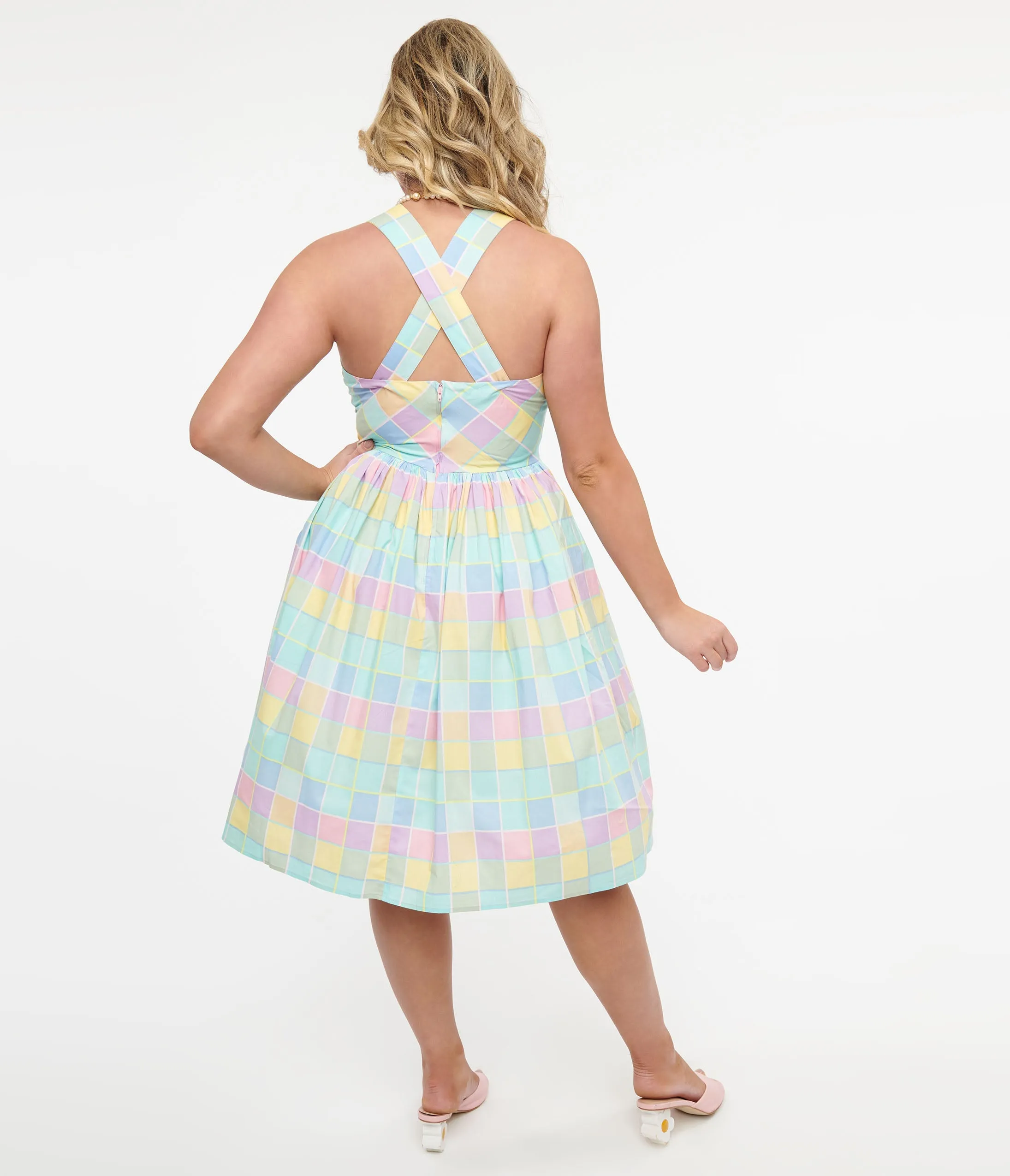 Hell Bunny 1950s Pastel Rainbow Check Cotton Swing Dress sold by Unique Vintage product image thumbnail 3