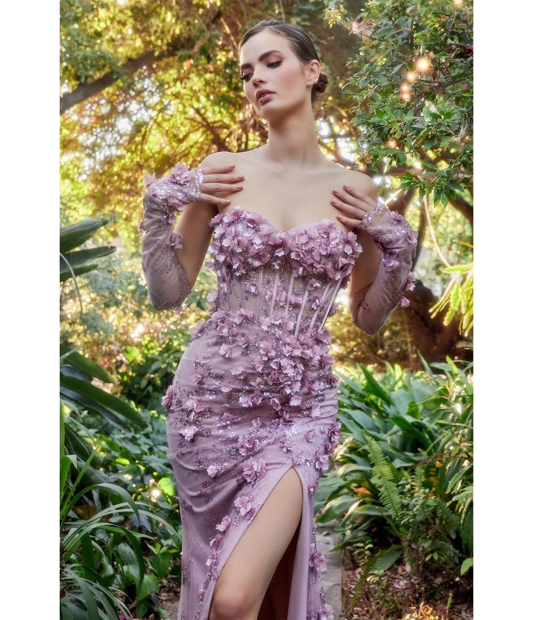 Ladivine by Cinderella Divine Mauve Hydrangea Embellished Corset Mermaid Evening Gown sold by Unique Vintage