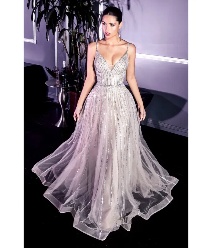 Cinderella Divine  Platinum Beaded Embellished Glitter Tulle Prom Dress sold by Unique Vintage