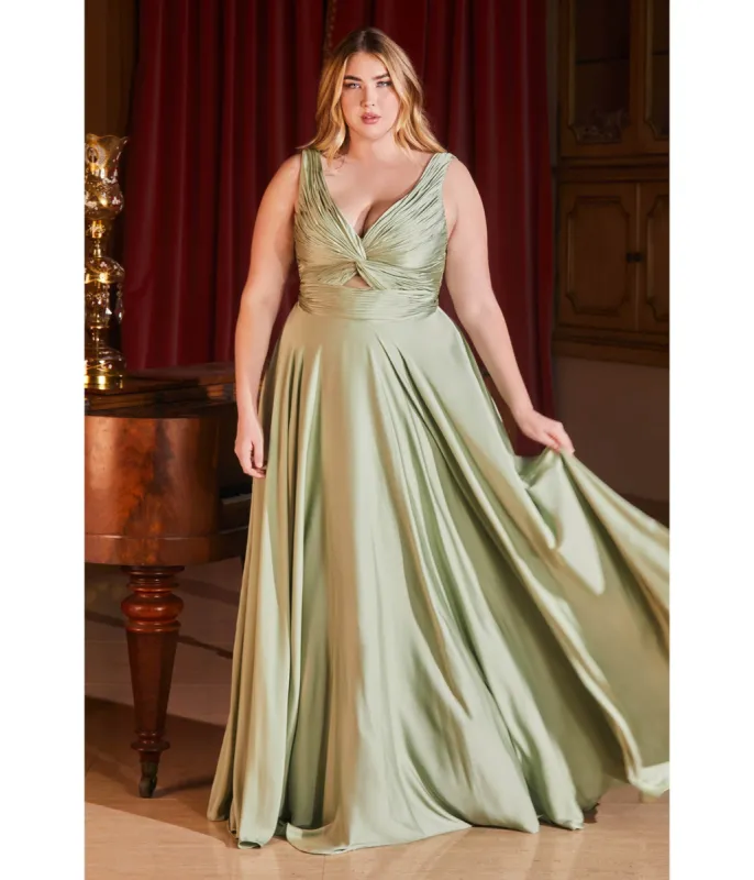 Cinderella Divine  Plus Size Sage Satin Ruched Knotted Keyhole Evening Gown sold by Unique Vintage