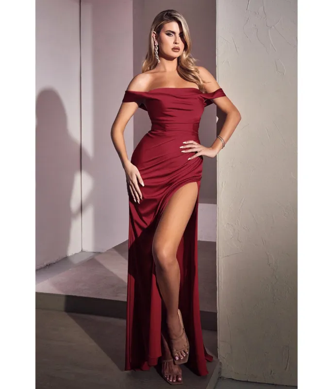 Cinderella Divine  Burgundy Satin Draped Off The Shoulder Bridesmaid Dress sold by Unique Vintage