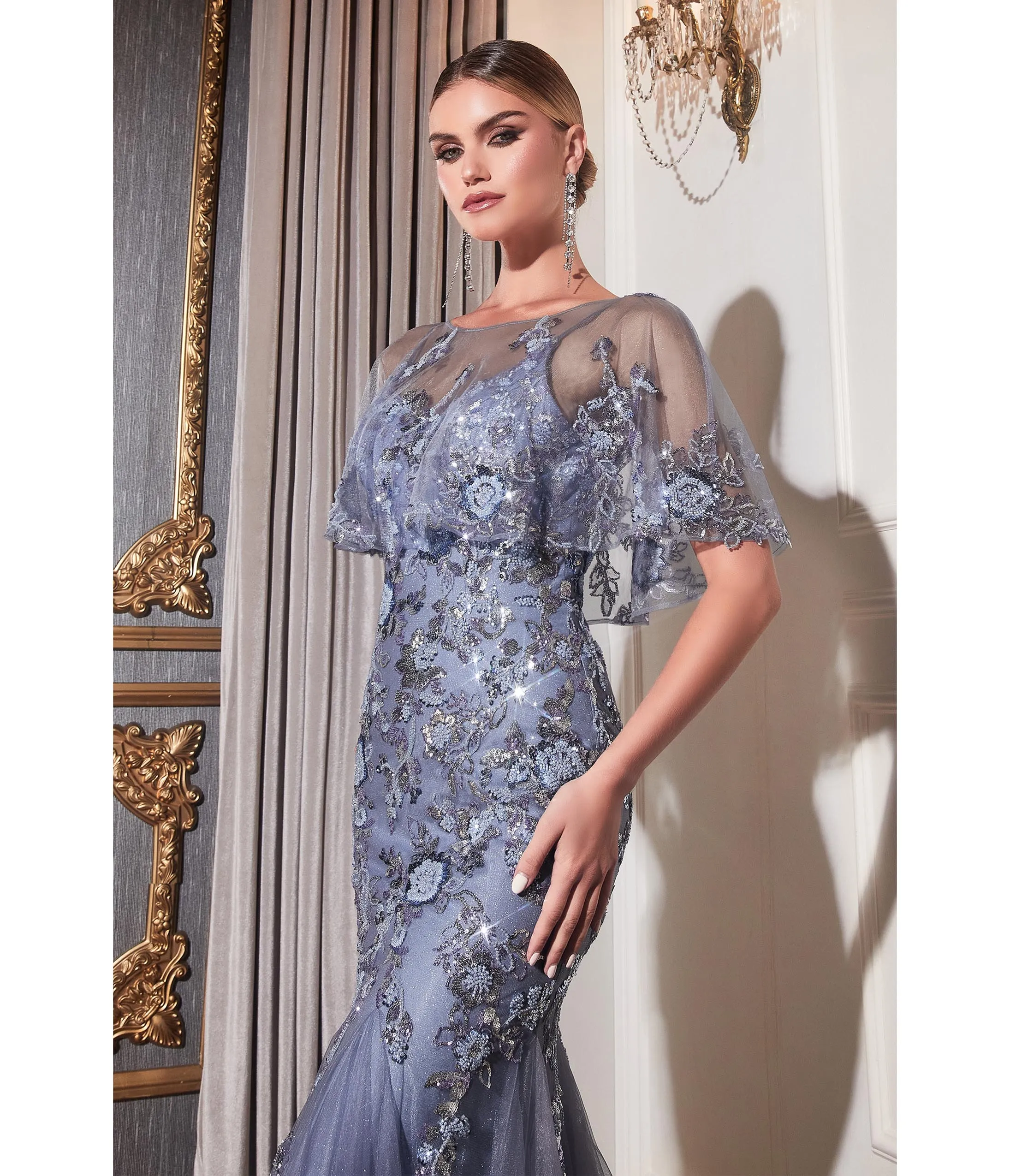 Cinderella Divine Smoky Blue & Silver Rhinestone Floral Trumpet Bridesmaid Gown sold by Unique Vintage product image thumbnail 3