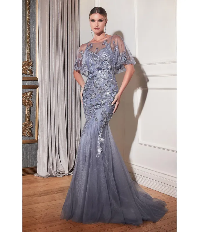 Cinderella Divine  Smoky Blue & Silver Rhinestone Floral Trumpet Bridesmaid Gown sold by Unique Vintage