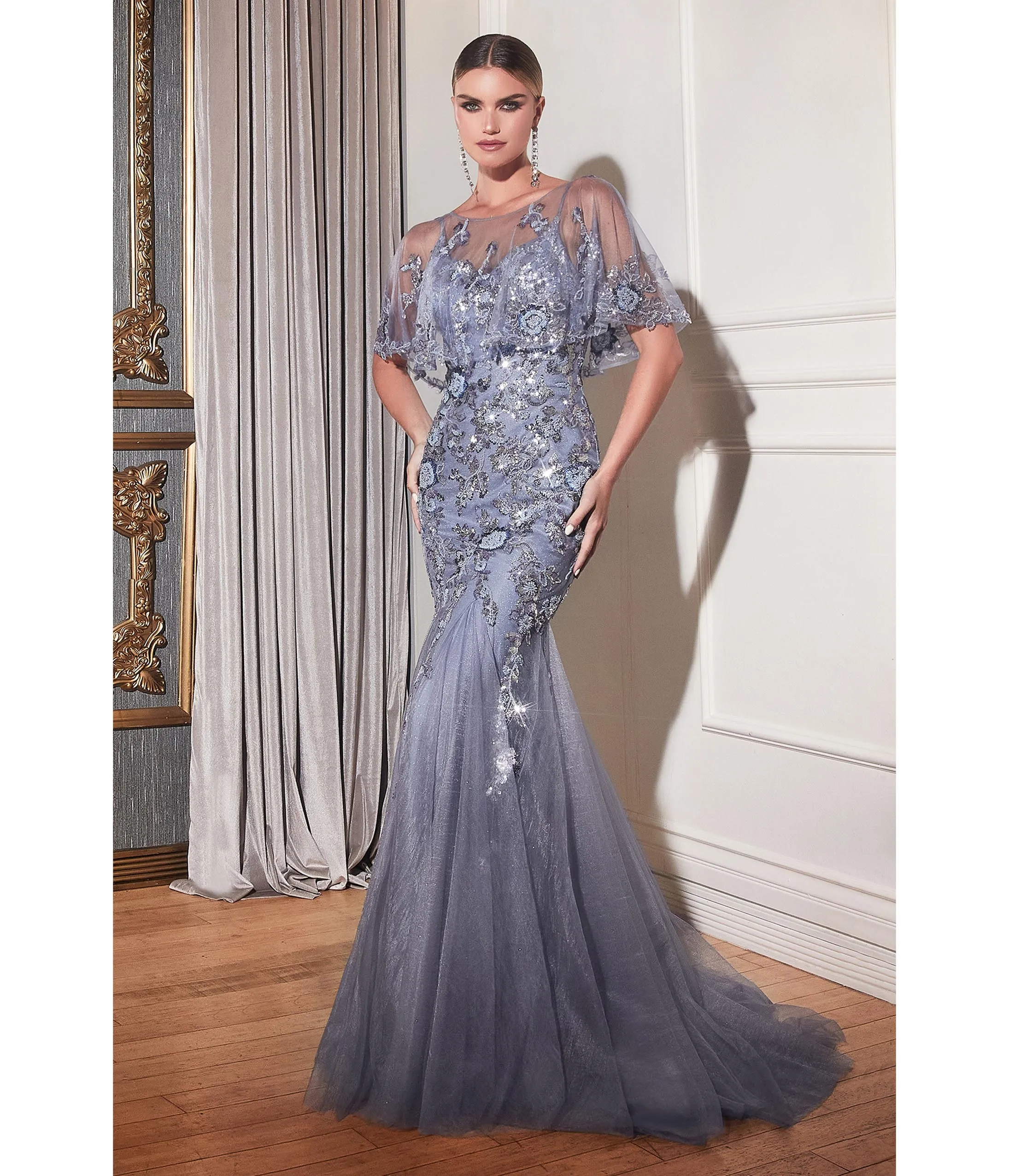 Cinderella Divine Smoky Blue & Silver Rhinestone Floral Trumpet Bridesmaid Gown sold by Unique Vintage