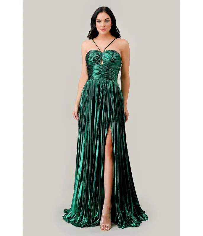 Cinderella Divine Metallic Emerald Pleated Halter Prom Dress sold by Unique Vintage