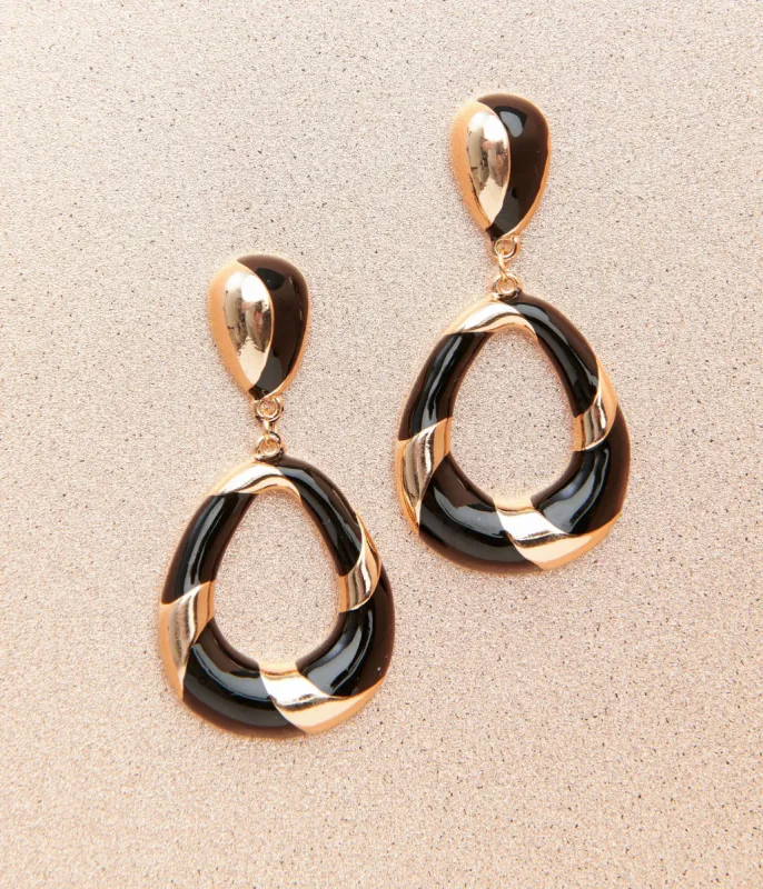 1920s Deco Black & Gold Swirl Drop Earrings sold by Unique Vintage
