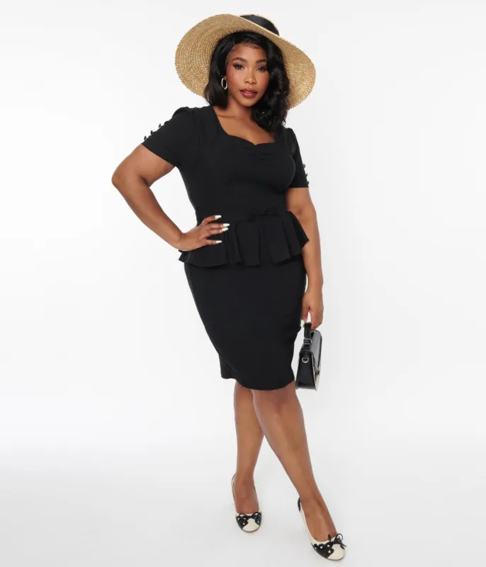 Voodoo Vixen 1940s Black Peplum Pencil Dress sold by Unique Vintage