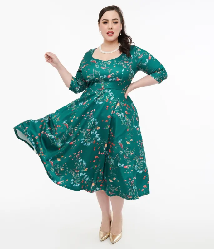 Dolly & Dotty 1950s Green Bird Print Swing Dress sold by Unique Vintage
