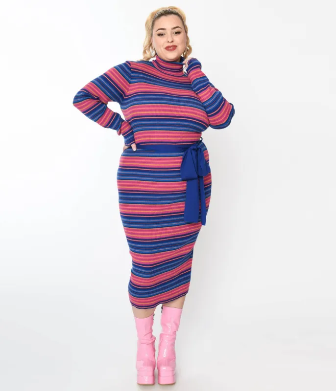 Blue & Fuchsia Striped Midi Bodycon Dress sold by Unique Vintage