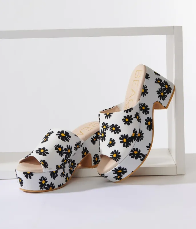 White & Black Daisy Print Platform Mule sold by Unique Vintage
