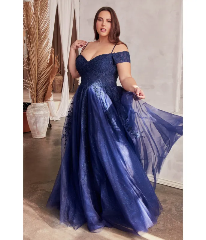 Cinderella Divine  Plus Size Navy Glitter Tulle Off The Shoulder Applique Slit Gown sold by Unique Vintage
