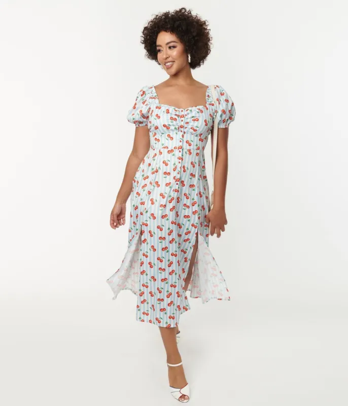 Unique Vintage 1940s Light Blue Stripe & Cherry Print Midi Dress sold by Unique Vintage