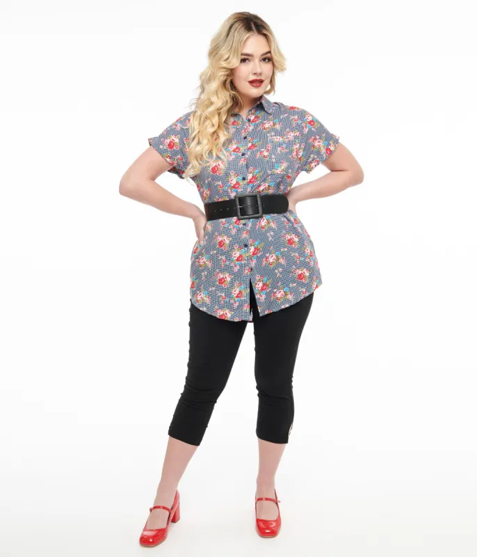 1950s Navy & Pink Floral Button Blouse sold by Unique Vintage