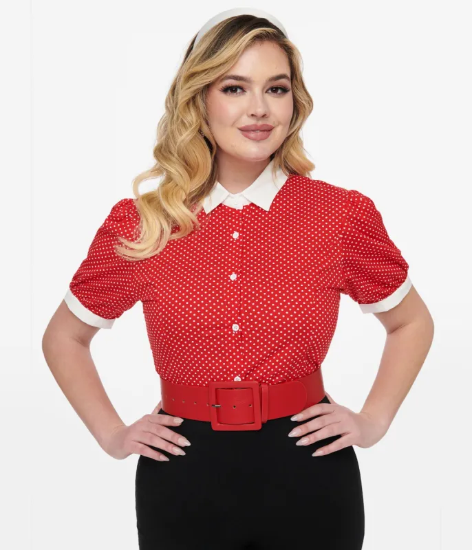 1950s Red & White Pin Dot Cotton Blouse sold by Unique Vintage