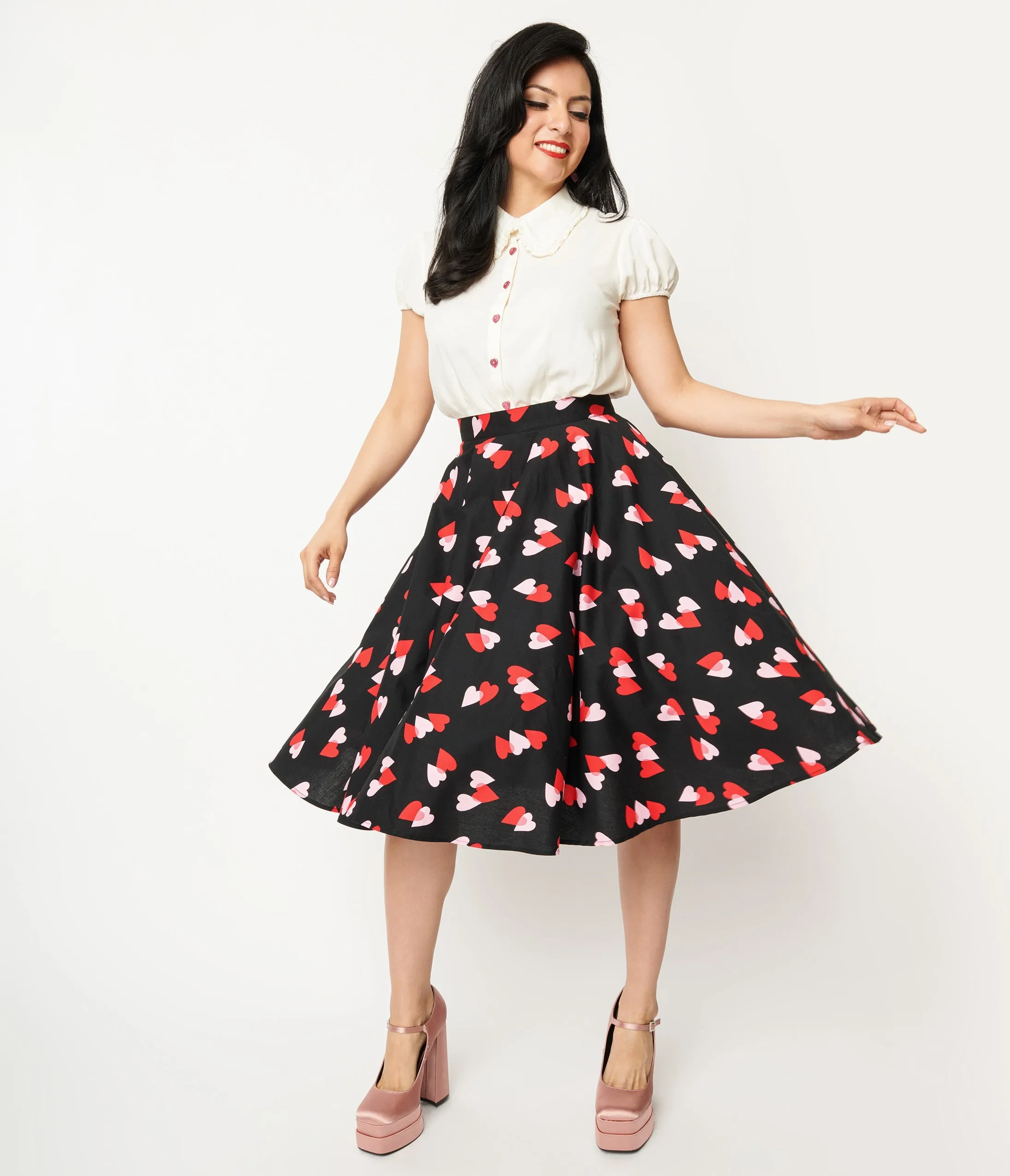 Hell Bunny Pink & Red Heart Confetti Swing Skirt sold by Unique Vintage