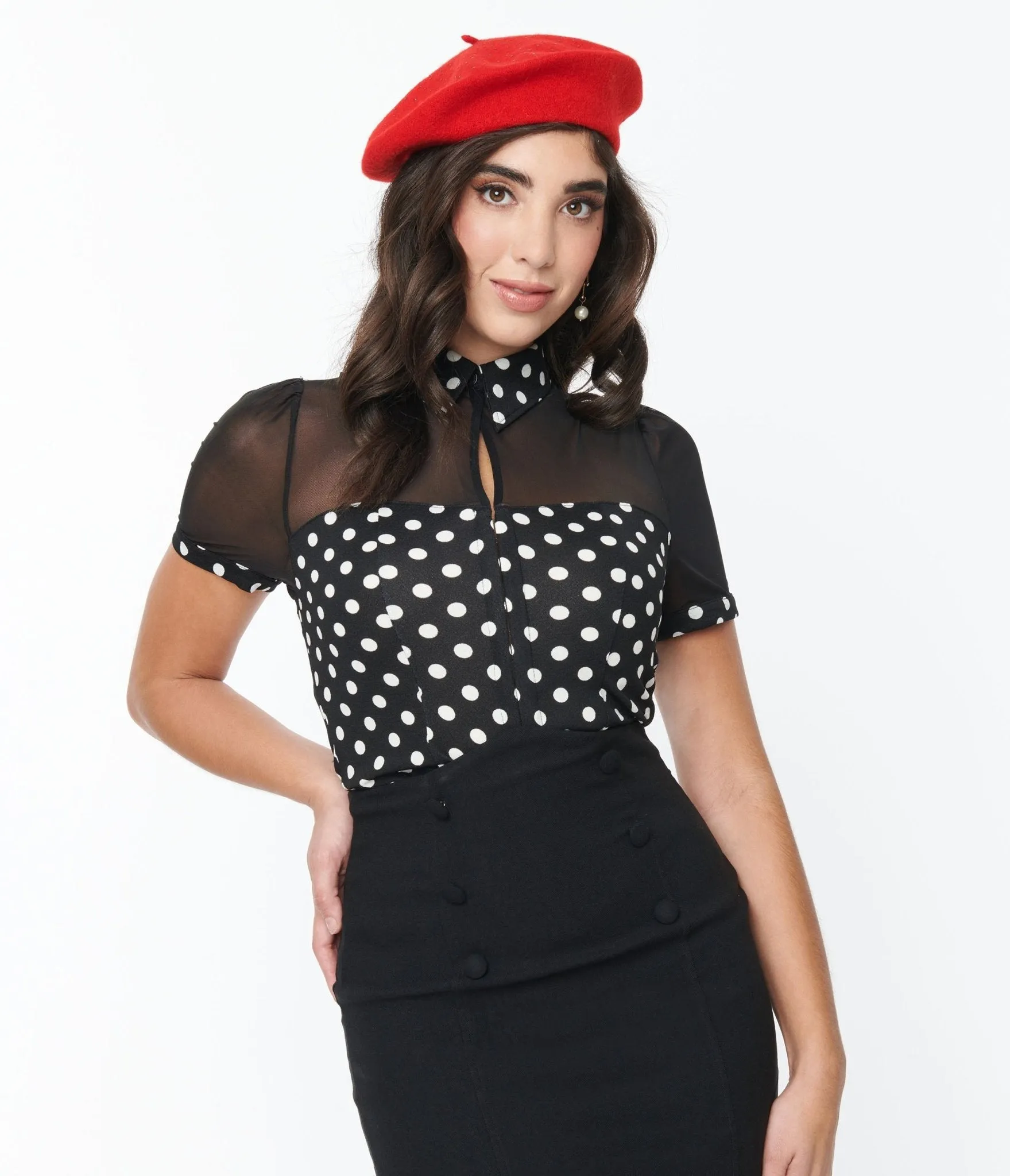 Unique Vintage Black & White Polka Dot Mesh Sweetheart Top sold by Unique Vintage