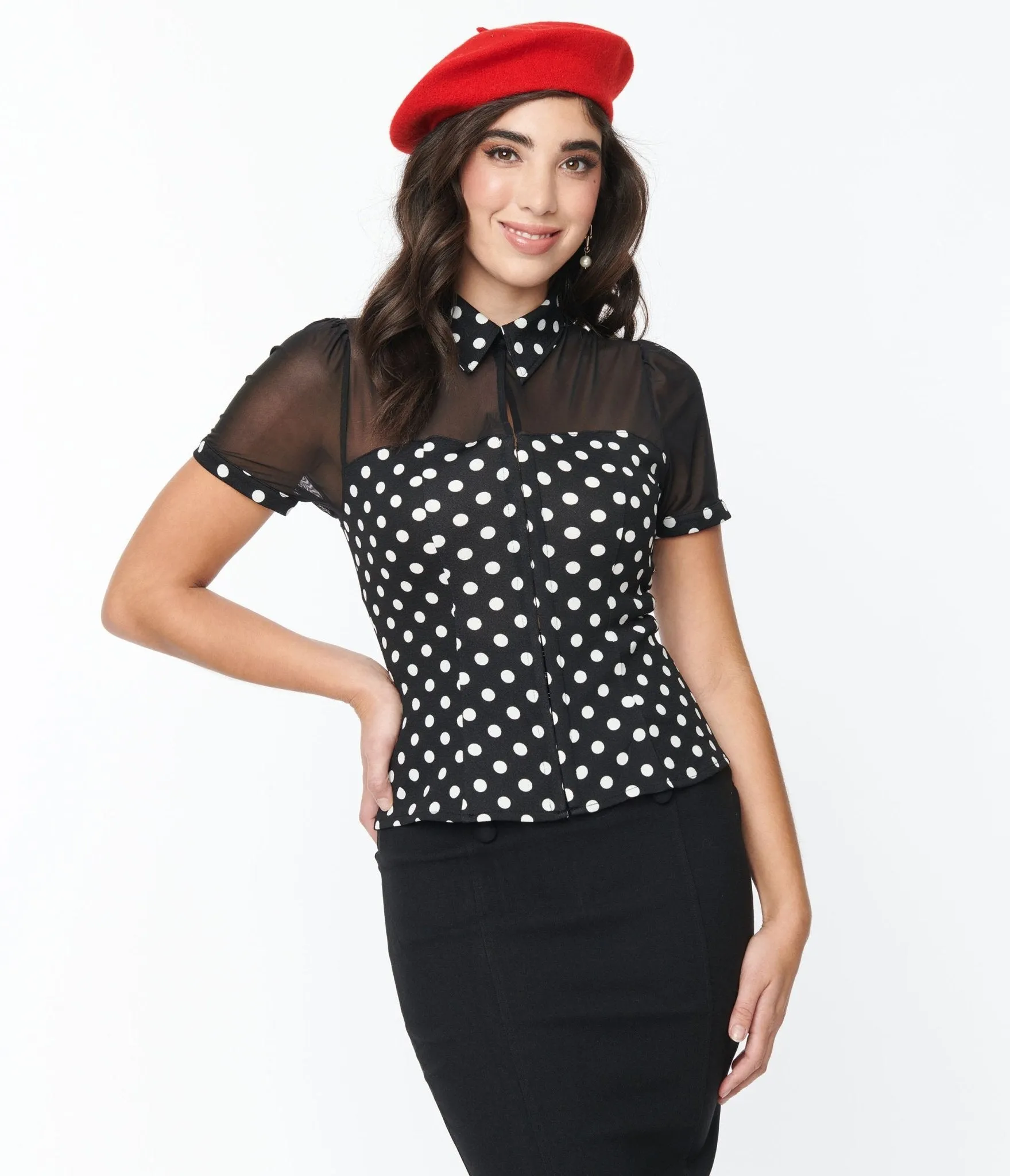 Unique Vintage Black & White Polka Dot Mesh Sweetheart Top sold by Unique Vintage product image thumbnail 2