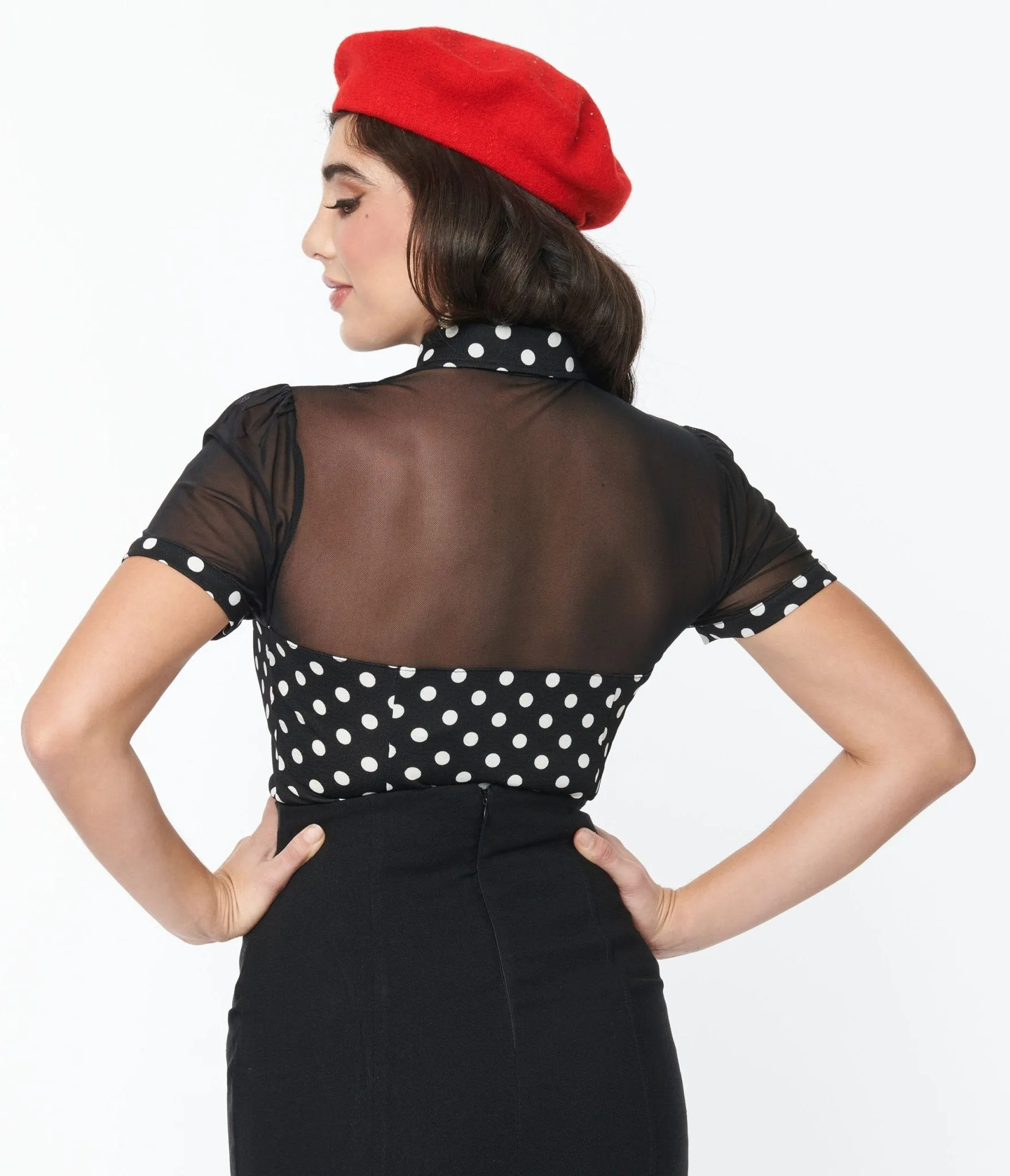 Unique Vintage Black & White Polka Dot Mesh Sweetheart Top sold by Unique Vintage product image thumbnail 3