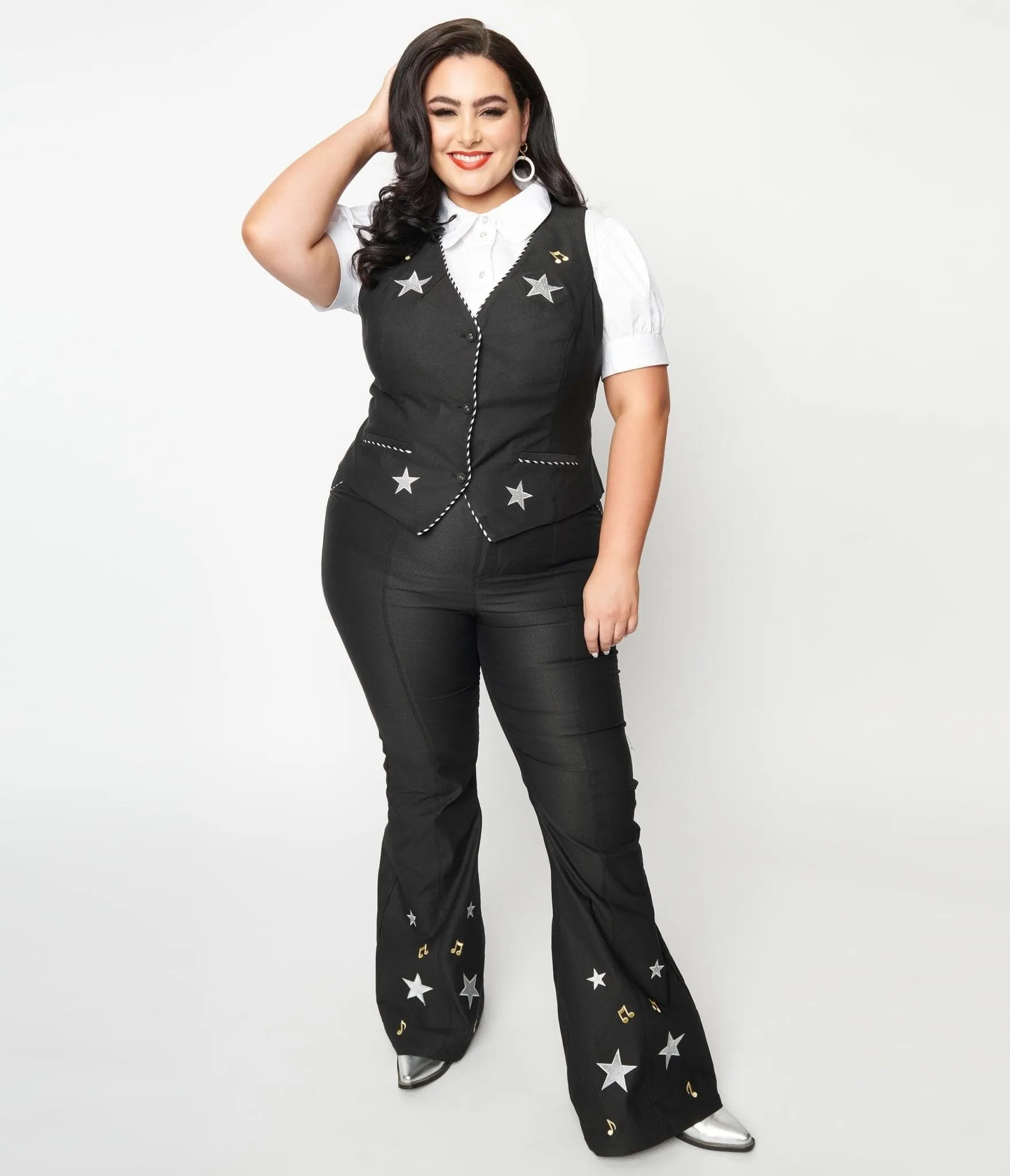 Unique Vintage Plus Size 1970s Black Stars & Music Notes Flare Jeans sold by Unique Vintage