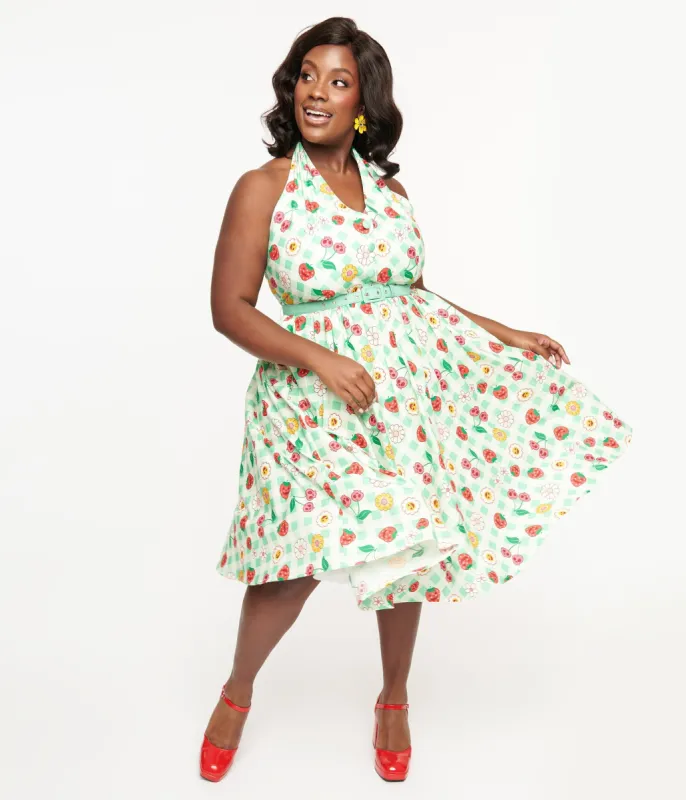Unique Vintage Plus Size 1950s Green Gingham Spooky Fruit Print Halter Swing Dress sold by Unique Vintage