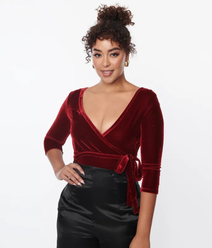 Unique Vintage 1970s Wine Velvet Surplice Bodysuit made by Unique Vintage
