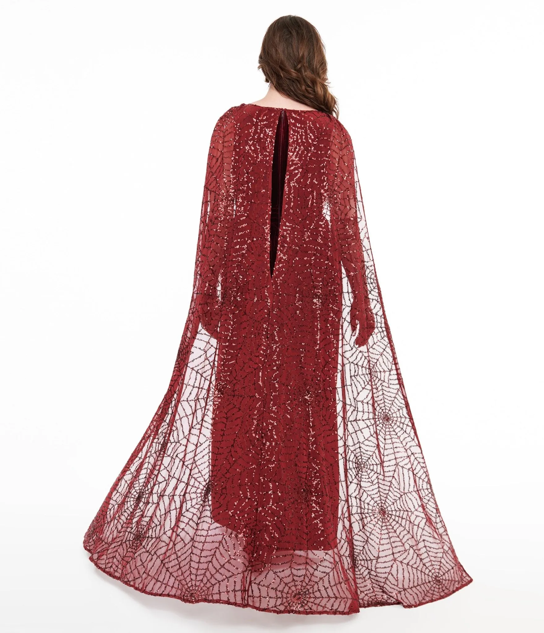 Disney Hocus Pocus Collection by Unique Vintage Burgundy Velvet & Spiderweb Sequin Cape Gown sold by Unique Vintage product image thumbnail 3