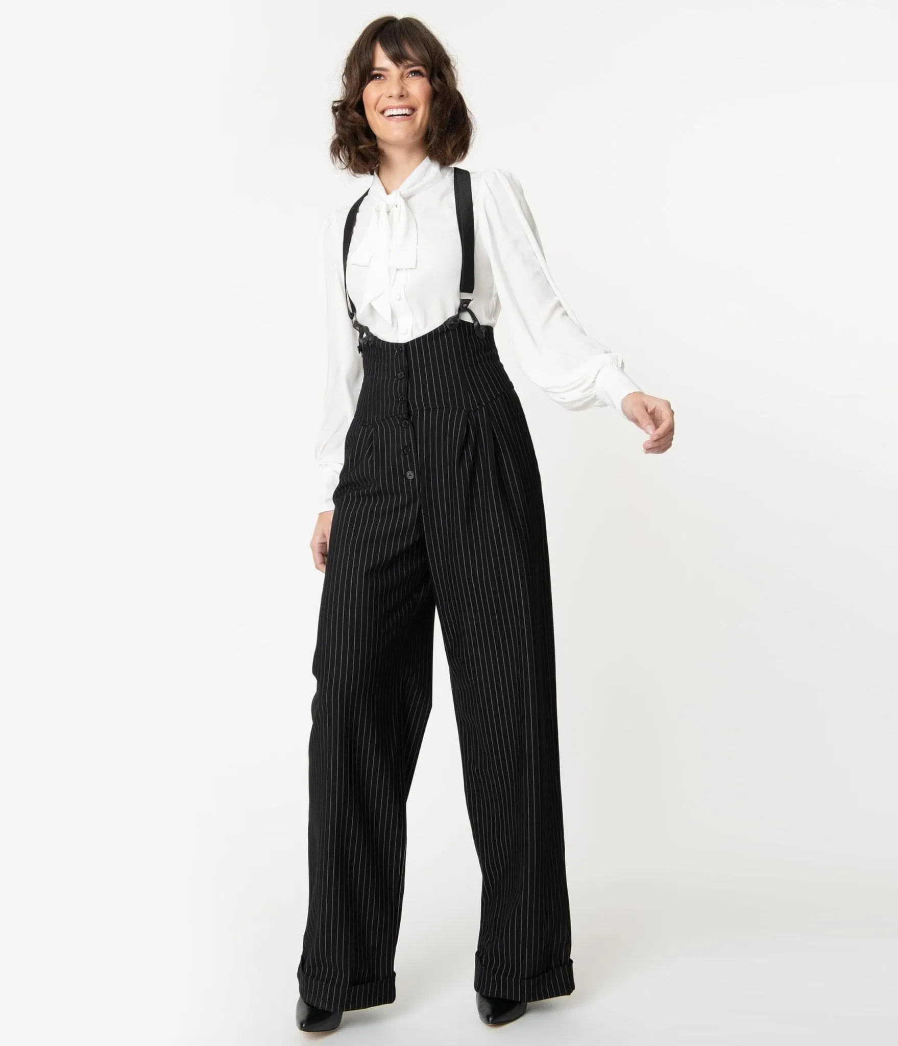 Unique Vintage 1930s Black & White Pin Stripe Thelma Suspender Pants sold by Unique Vintage