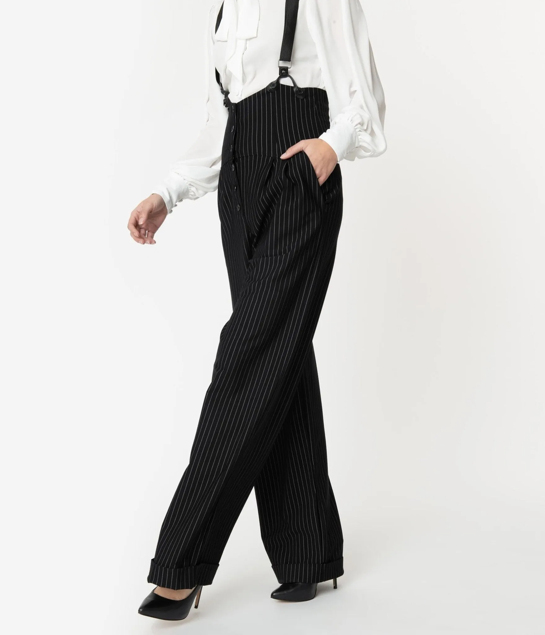 Unique Vintage 1930s Black & White Pin Stripe Thelma Suspender Pants sold by Unique Vintage product image thumbnail 2