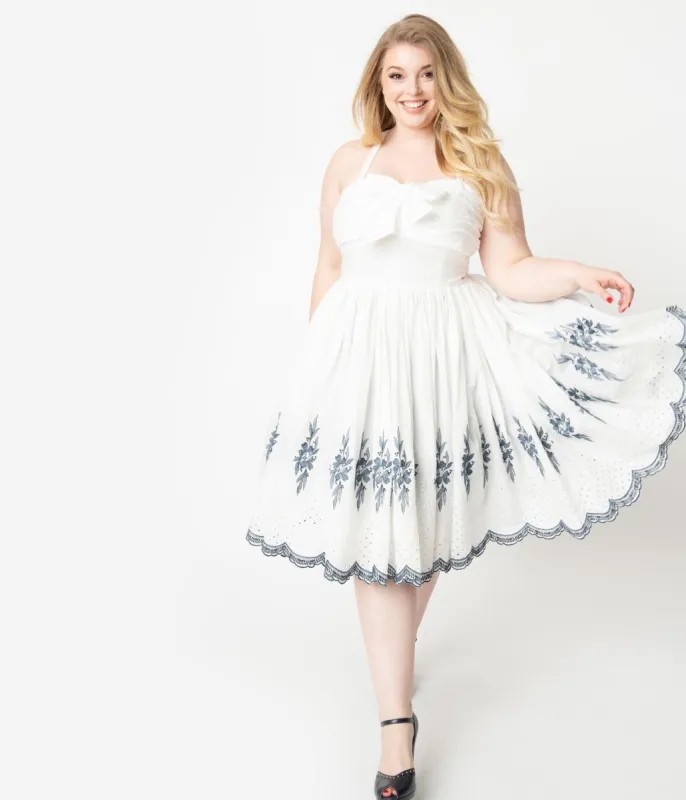Unique Vintage Plus Size 1950s White & Navy Embroidery Golightly Swing Dress sold by Unique Vintage
