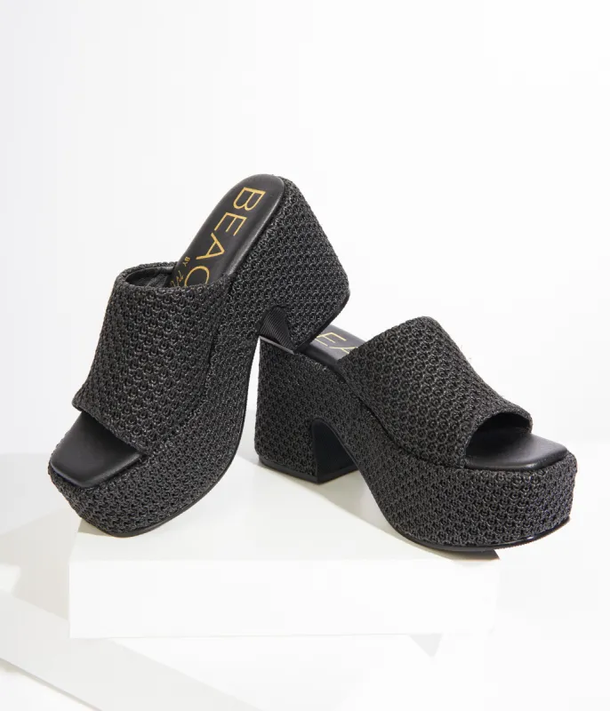 1970s Black Woven Jute Platform Mule Sandals made by Matisse