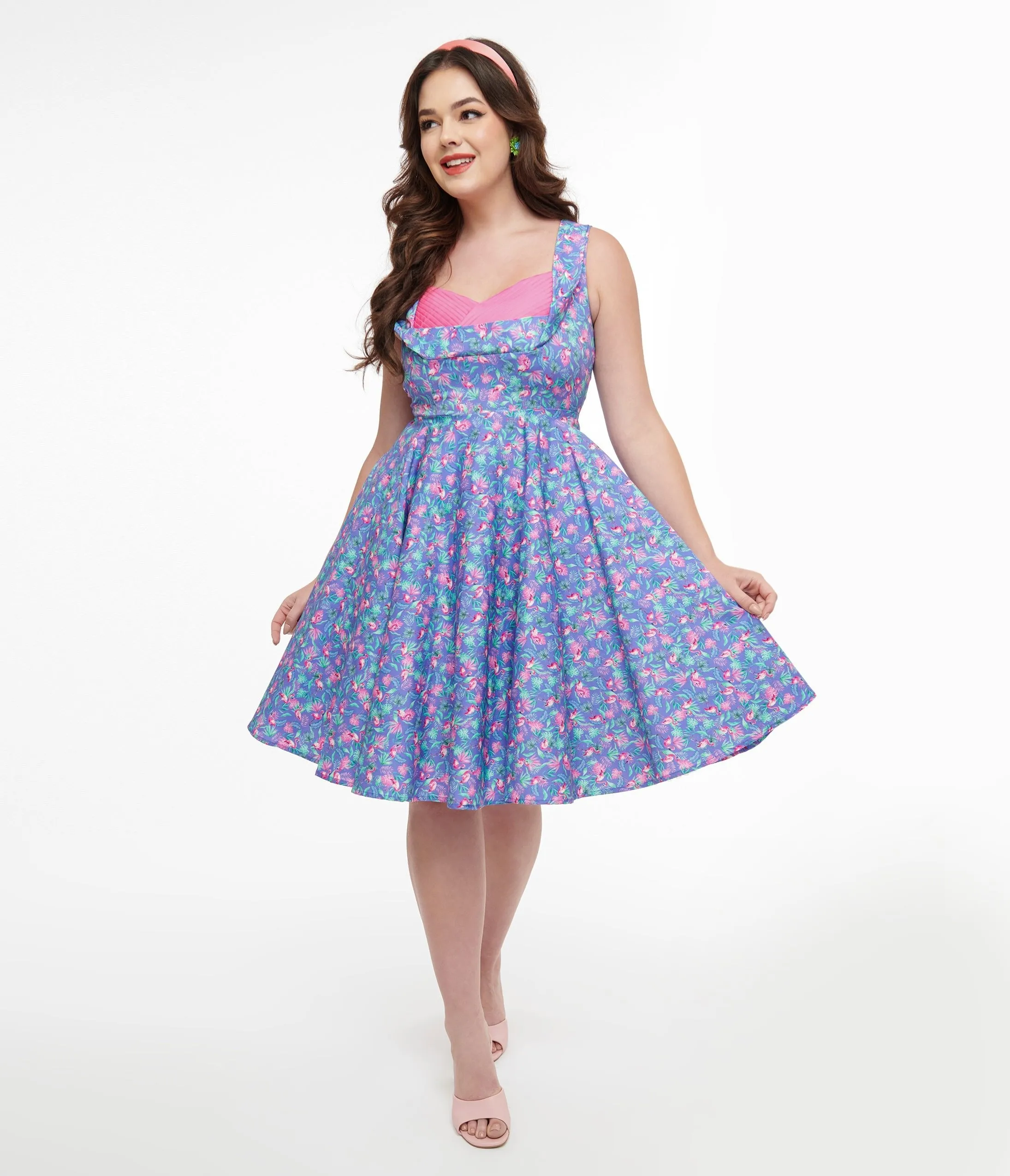 Dolly & Dotty 1950s Purple & Pink Flamingo Leaf Print Grace Swing Dress sold by Unique Vintage