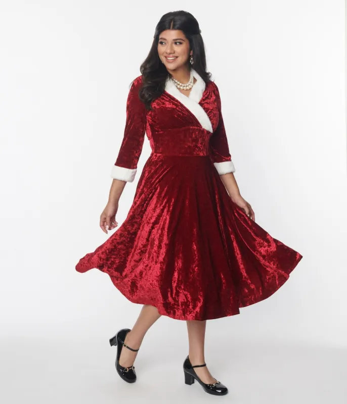 Unique Vintage Red Crushed Velvet & Ivory Fur Delores Swing Dress sold by Unique Vintage