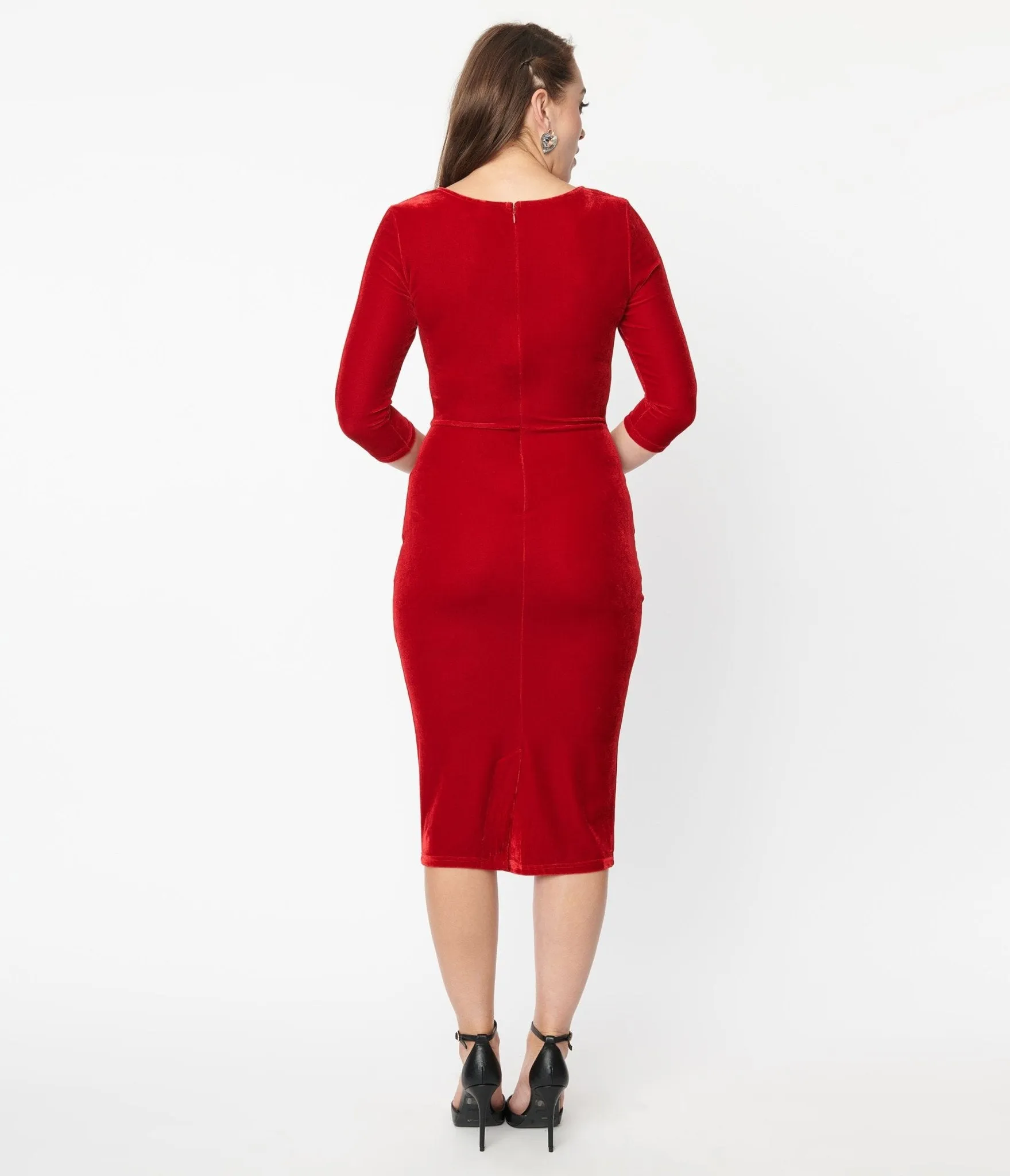 Unique Vintage Burgundy Velvet Sleeved Mod Wiggle Dress sold by Unique Vintage product image thumbnail 2