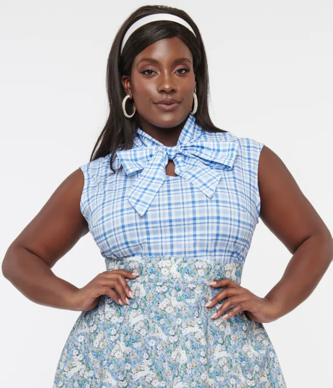 Retrolicious Plus Size 1950s Blue Plaid Cotton Bow Top sold by Unique Vintage