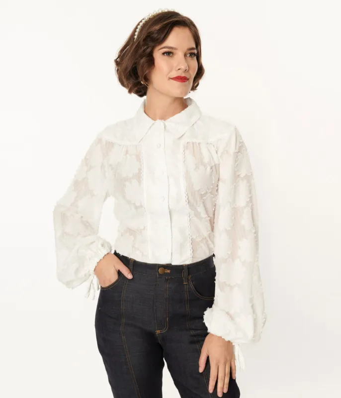 Unique Vintage White Floral Francesca Blouse sold by Unique Vintage