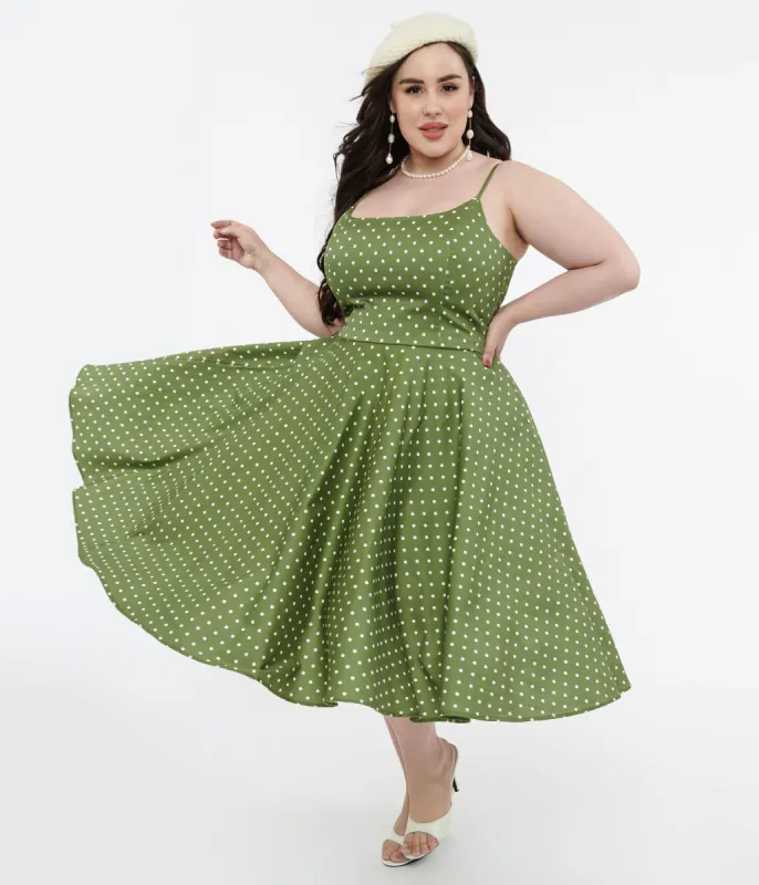 1950s Olive Green & White Polka Dot Peggy Cotton Swing Dress made by Tatyana