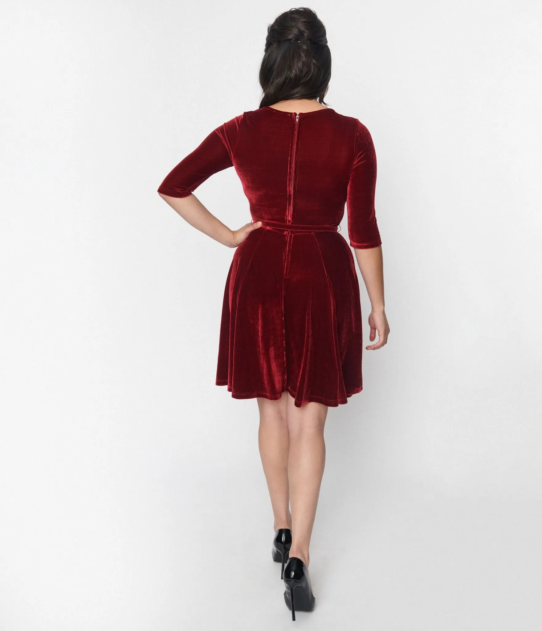 Unique Vintage Burgundy Velvet Stephanie Fit & Flare Dress sold by Unique Vintage product image thumbnail 2