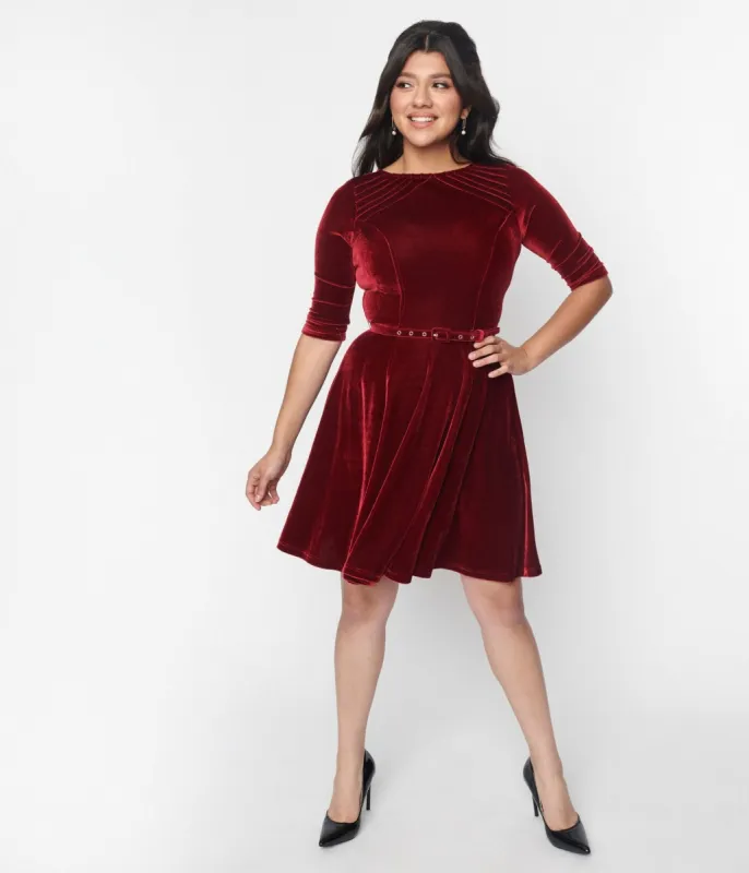 Unique Vintage Burgundy Velvet Stephanie Fit & Flare Dress sold by Unique Vintage
