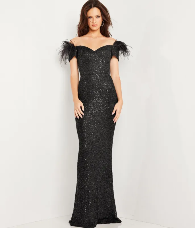 Jovani Black Sequin & Feather Sheath Prom Gown sold by Unique Vintage