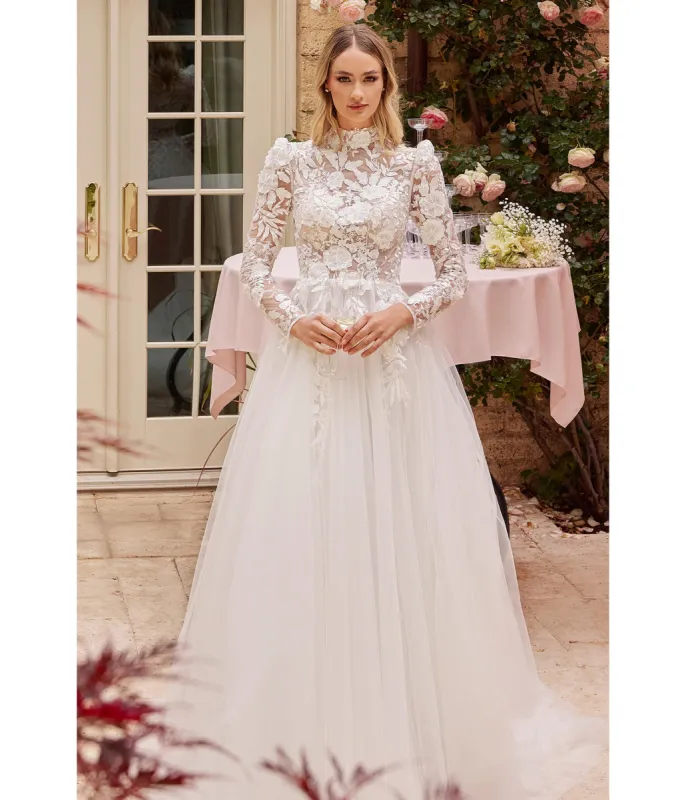 Cinderella Divine  Off White Floral Long Sleeve Wedding Ball Gown sold by Unique Vintage